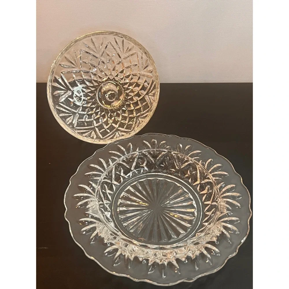 Anchor Hocking Butter Dish Clear Prescut Star of David Round‎ Covered Vintage 7